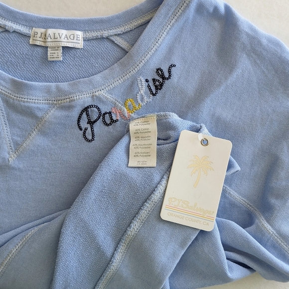 PJ Salvage Paradise Embroider Sweatshirt Short Sleeve Lightweight Sky Blue L NWT - Picture 10 of 11
